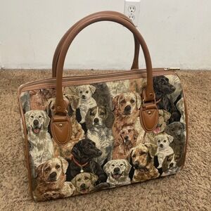 Signare Tapestry Dog‎ Breed Satchel Bag Tan Faux Leather Trim Barrel Handbag